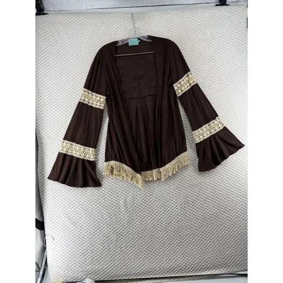 Judith March Cardigan Women Large Brown Faux Suede Embroidered Boho Bell Sleeve - Picture 2 of 6